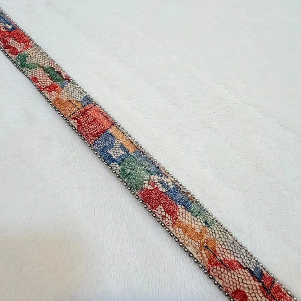 Vintage Floral / Lace Women's Belt with Beaded Trim & Silver Buckle - Multicolor